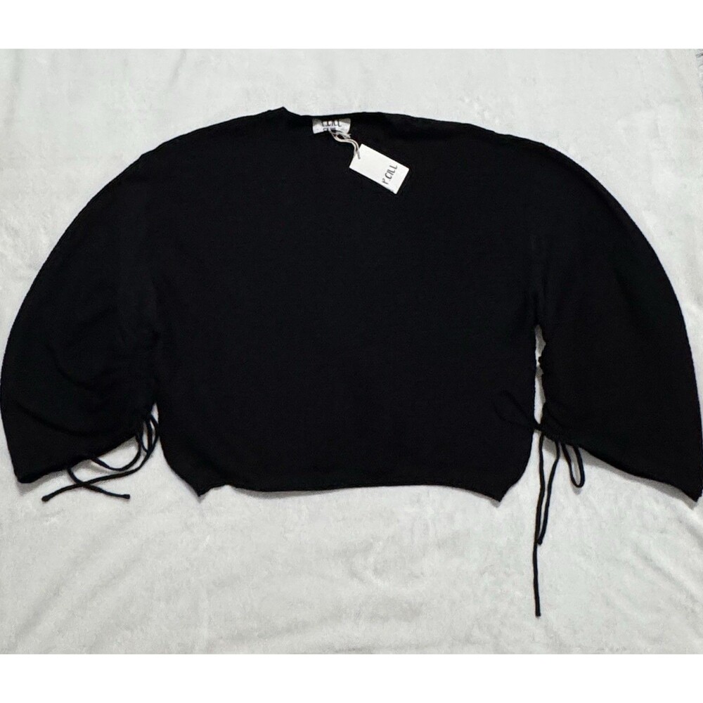 P Cill Women’s Size Large Sweater Ruched Sleeves Cropped Oversize Black